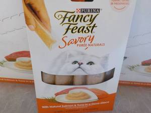 lot 95 image: 30 x 4 packs Purina Fancy Feast Savory Natural Salmon and Tuna in a Demi-Glaze Cat Treats- retail $3 each