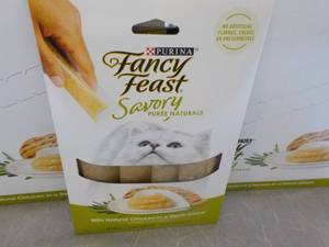 lot 101 image: 30 x 4 packs Purina Fancy Feast Savory Chicken in a Demi-Glaze Cat Treats- retail $3 each