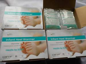 lot 112 image: 4 x 25 per box 3.34 x 4 Future Generation Medical Infant Heel Warmers- would be good for all ages