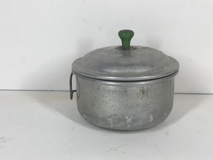 lot 72 image: Vintage Small Aluminum Pot with Handles on the Side and a Wood Top - SSTERNAU & CO INC New York