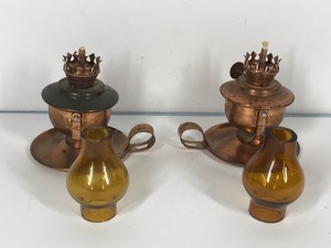 lot 184 image: 2 Pair -antique Castle Brand No. 103 Swivel Copper Mini Oil Lamp