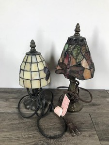 lot 450 image: 2 - Tiffany Style Leaded Glass Shade Lamps - One has Dragon Fly Design and the Other has Butterflies
