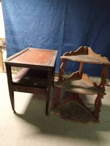 lot 3 image: Vintage end table with drawer and a corner shelf