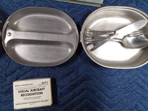 lot 295 image: 1942 Hard cover north Atlantic Patrol book, deck of aircraft recognition training cards, and 2 US Military Mess Kits with Utensils 