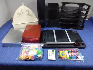 lot 225 image: Paper cutter, file trays, craft items , tins and wall planter