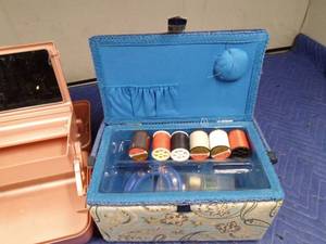 lot 214 image: Sewing box and make-up case and more