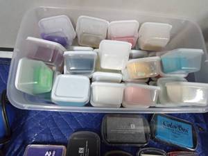 lot 216 image: Lg Rubber stamp collection with ink and fine glittersand