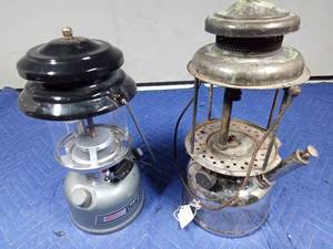 lot 206 image: Vintage chrome lantern and 2002 greyblack duel feed Coleman lanterns