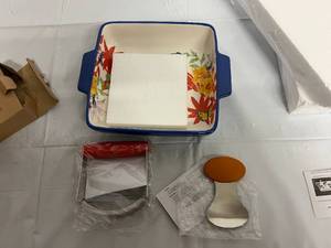 Casserole Dish, Serated Spoon, and Masher