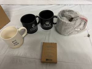 3 Graphic Mugs, Sifter, and Serrated Spoon