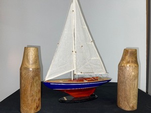 Lot of 3 Items Model Sail Boat & 2 Wood Carved Bottle Vase