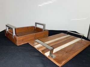 Lot of 2 Metal and Wood Serving Trays