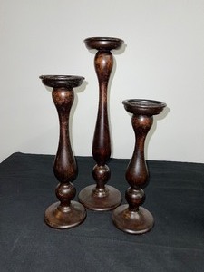 Set of 3 Wood Turned Candle Holders Various Heights