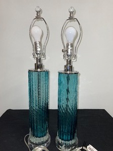 Set of 2 Blue Glass Column Lamps