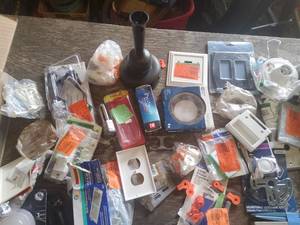 Small box of misc. goods, Plumbing, electrical, and more