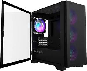 lot 34 image: Montech AIR 100 ARGB Micro-ATX Tower with Four ARGB Fans Pre Installed, Ultra-Minimalist Design, Fine Mesh Front Panel, High Airflow, Unique Side Swivel Tempered Glass, Black