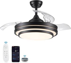 lot 64 image: Smart Retractable Ceiling Fan with Lights Remote Control, 42 Inch Quiet Dimmable Black  Alexa and Smart APP  3 Color 6 Speed