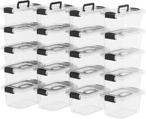 lot 105 image: Pack of 20 Plastic Storage Bin Tote Stackable and Nestable Organizing Container with Lid and Secure Latching Buckles, Clear, 6.8Qt x 20,