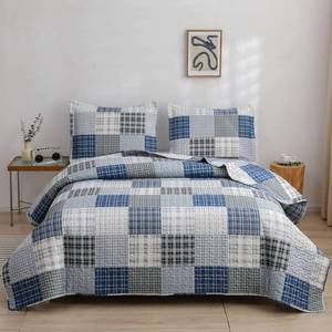 lot 149 image: King Size Green Essen Blue White Grey Plaid Bedding Quilts  Lightweight Patchwork Quilt Set Classic Buffalo Check