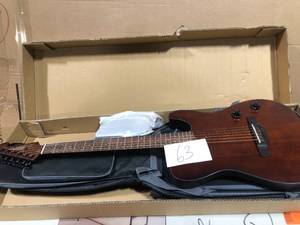 lot 63 image: Acoustic Guitar Silent Nylon 6 String Travel Electronic Classical Guitar Portable Built in Effects Acoustic Steel String Guitars Acoustic Guitar Case Bag, Strap, Steel Strings, Tuner (Brown-MY Customer Returns See Pictures