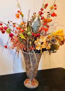 lot 24 image: Vintage Fall Flower Arrangement in Vase