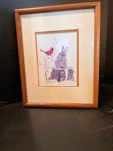 lot 29 image: Vintage Bunny and Cardinal Wall Art by Jean Haefele