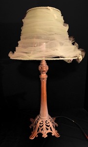 lot 30 image: Whimsical Bronze Metal Based Table Lamp with Light Green Tulle Shade
