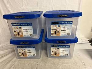4 Plastic Banker Boxes with hard Plastic Lid