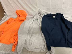 Orange Hoodie, Gray Zip up Hoodie, Navy Blue Crew Neck Sweatshirt - Size Small