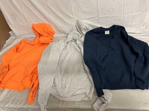 Orange Hoodie, Gray Zip up Hoodie, Navy Blue Crew Neck Sweatshirt - Size Small