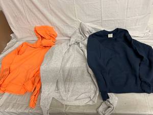 Orange Hoodie, Gray Zip up Hoodie, Navy Blue Crew Neck Sweatshirt - Size Small