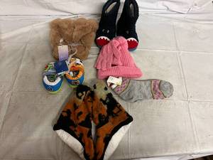 Childrens and Adult Slippers, Pink Hat, and Socks