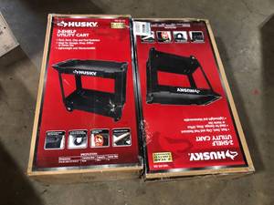 Lot of 2 Husky 2-Tier Plastic 4-Wheeled Service Cart in Black Customer Returns See Pictures