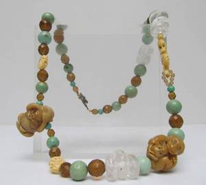 lot 24 image: Large Gemstone Oriental Necklace wCarved Bone Monkeys
