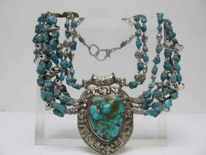 lot 26 image: LARGE Oriental Tibetan Silver & Turquoise Multi-Strand Necklace