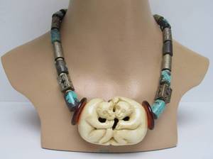 lot 2 image: Oriental Necklace w Turquoise & Metal Beads & LARGE Carved Bone Pendant wMonkeys