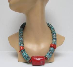 lot 3 image: Necklace wTurquoise Discs & HUGE Red Coral Center Bead