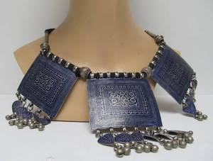 lot 6 image: LARGE Old Afghan Multan Enameled Silver Pendant Necklace
