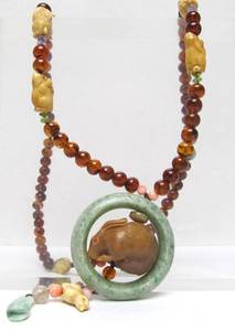 lot 11 image: Carved Oriental Hardstone Gemstone Bead & Pendant Necklace wRabbits