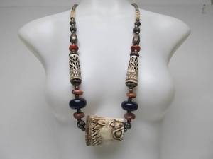 lot 45 image: Large Lions Head Carved Bone Necklace wArtisan Hand Made Beads