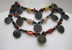 lot 46 image: Lovely Multi Strand Gemstone Necklace Coral & Antique Middle Eastern Coins