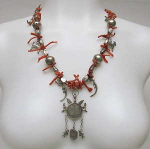 lot 50 image: Old Vintage Guatemalan Coin Necklace wBranch Coral