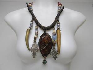 lot 52 image: Wonderful Antique Ethiopian Necklace wHUGE Natural Amber Pendant Claws Moonstone Beads & Gemstones