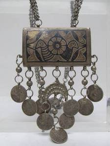 lot 53 image: Old Bedouin Silver Etched Prayer Box Necklace wBird Design