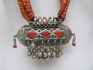 lot 54 image: Old Bedouin Silver & Multi-Strand Coral Prayer Amulet Box Necklace