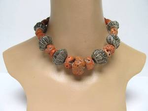 lot 29 image: Old Moroccan Natural Coral Necklace wLarge Pierced Silver Beads