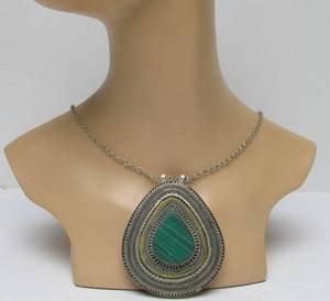 lot 31 image: Vintage Jerusalem Silver LARGE Pendant Necklace wMalachite