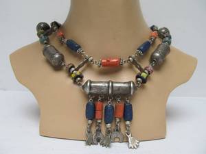 lot 38 image: Old Vintage Berber Silver Amulet Necklace wAntique Venetian Trade Beads & Lapis