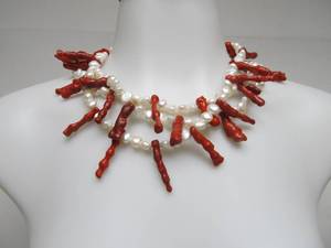 lot 72 image: Large Genuine Pearl & Red Coral Necklace