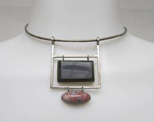lot 57 image: Excellent Vintage Signed Sterling Silver Pendant Necklace wInlaid Stones by Oswaldo Guayasamin